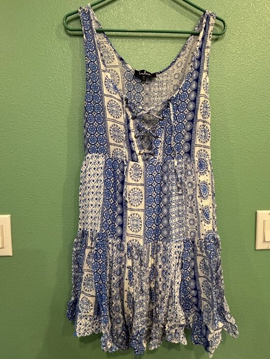 Lulus Dresses & Skirts - Lulus Cache Creek Blue & White Print Lace-Up Tiered Boho Swing Mini Dress M